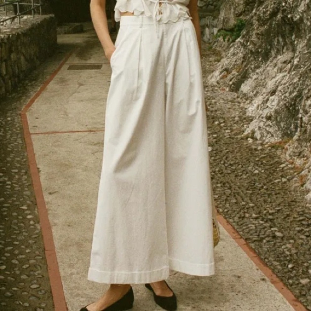 Doen Hilaire Cotton High Waist Wide Leg Cuff Palazzo Pants Trousers Salt White